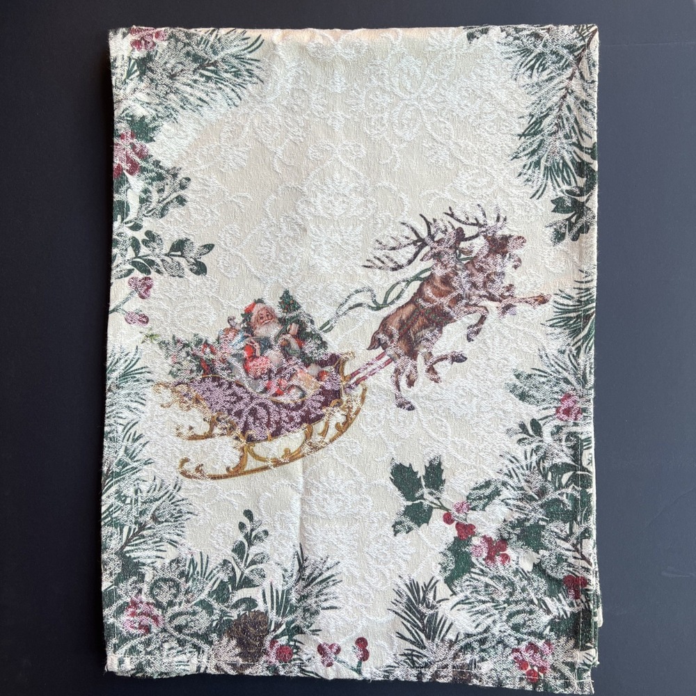 Christmas Table Runner Tapestry Santa Sleigh Reindeer Jacquard Champagne 68 x 13